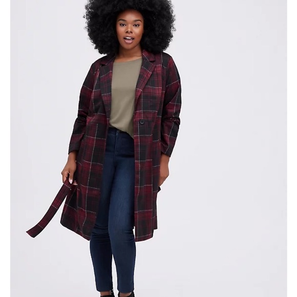 Torrid Red and Black Plaid Trench Coat - Picture 1 of 4